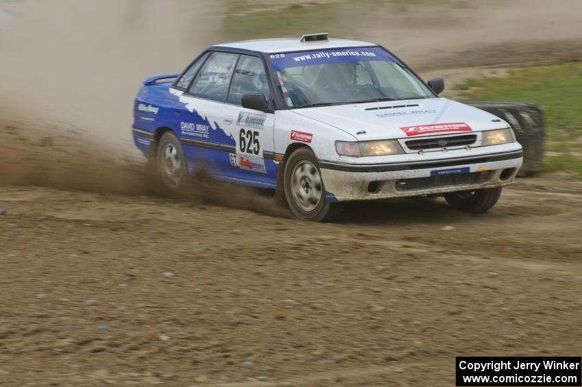 Mike Wray / Don DeRose Subaru Legacy Sport drifts through the infield at the Bemidji Speedway, SS8.