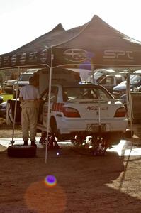 Dave Hintz / Rick Hintz Subaru WRX gets serviced in Osage after the first set of stages on day two.