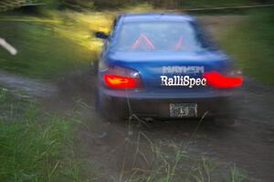 Mark Utecht / Rob Bohn Subaru WRX at speed through the spectator point on SS13, Sockeye Lake.