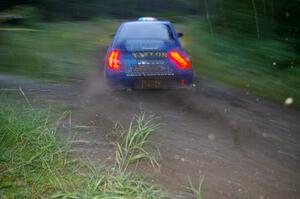 Mark McElduff / Damien Irwin Subaru WRX STi at speed through the spectator point on SS13, Sockeye Lake.