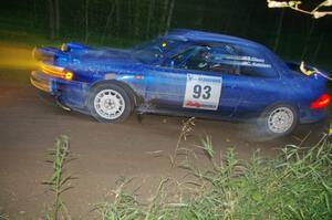 Bob Olson / Conrad Ketelson Subaru 2.5RS at dusk through the spectator point on SS13, Sockeye Lake.