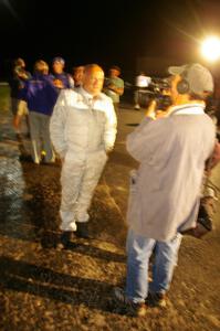 Stig Blomqvist is interviewed after taking his Subaru WRX STi to the win at Ojibwe. Ana Goni was his navigator for the weekend.