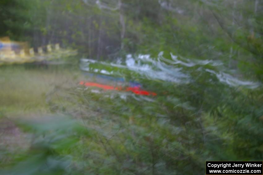 Stig Blomqvist / Ana Goni Subaru WRX STi at speed through the spectator point on SS13, Sockeye Lake.