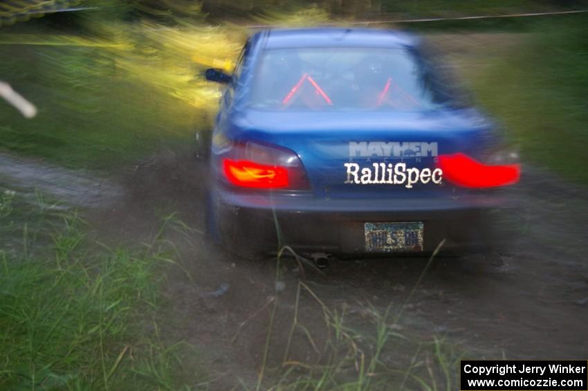 Mark Utecht / Rob Bohn Subaru WRX at speed through the spectator point on SS13, Sockeye Lake.