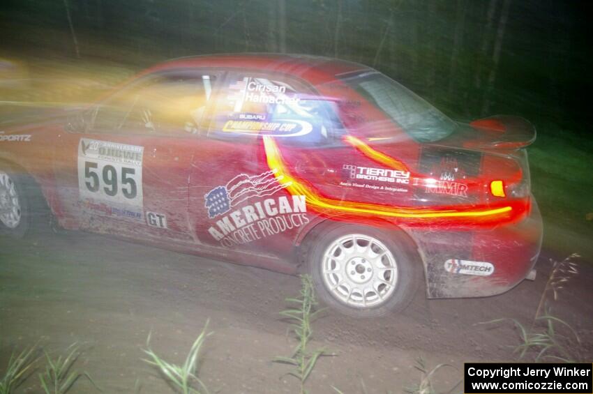 John Cirisan / Josh Hamacher Subaru WRX at speed through the spectator point on SS13, Sockeye Lake.