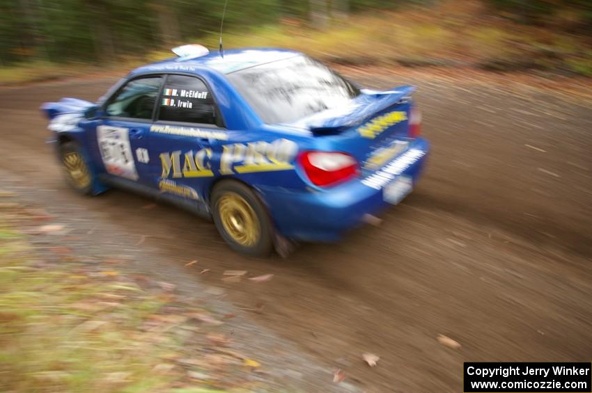 Mark McElduff / Damien Irwin Subaru WRX STi heads uphill near the start of SS1, Herman.