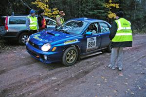 Tim Stevens / Jeff Hagan Subaru WRX checks into the finish control on SS2, Menge Creek North.