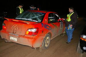 Matthew Johnson / Wendy Nakamoto Subaru WRX checks into the finish control of Baraga Plains, SS4.