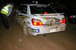 Tanner Foust / Scott Crouch in their Subaru WRX at the finish control of SS4, Baraga Plains.