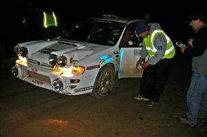 Henry Krolikowski / Cindy Krolikowski Subaru WRX check into the finish control of SS4, Baraga Plains.