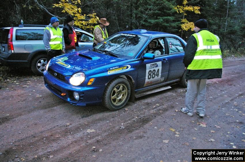 Tim Stevens / Jeff Hagan Subaru WRX checks into the finish control on SS2, Menge Creek North.