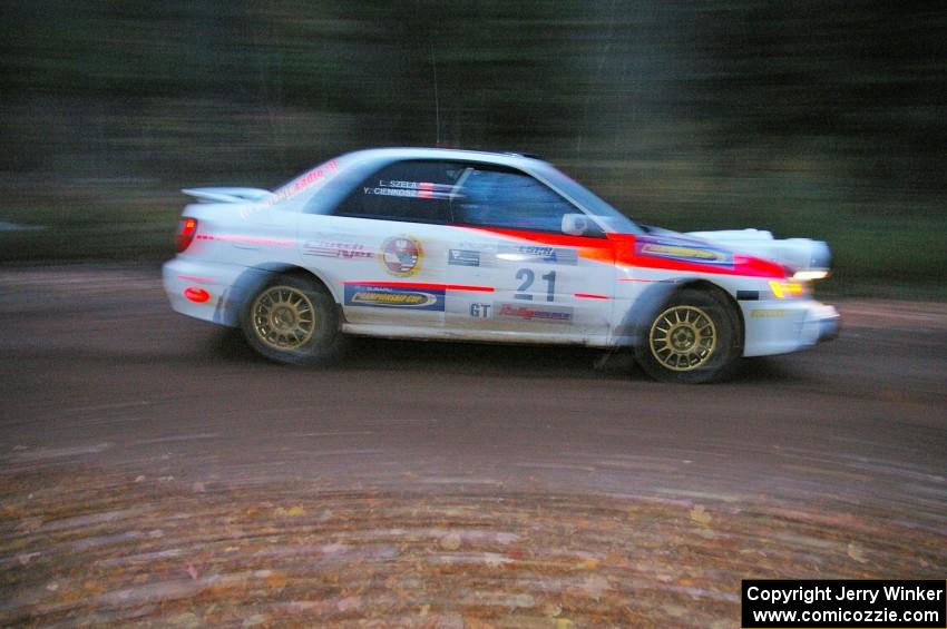 Yurek Cienkosz / Lukasz Szela Subaru Impreza RS crosses the finish of SS2, Menge Creek North.