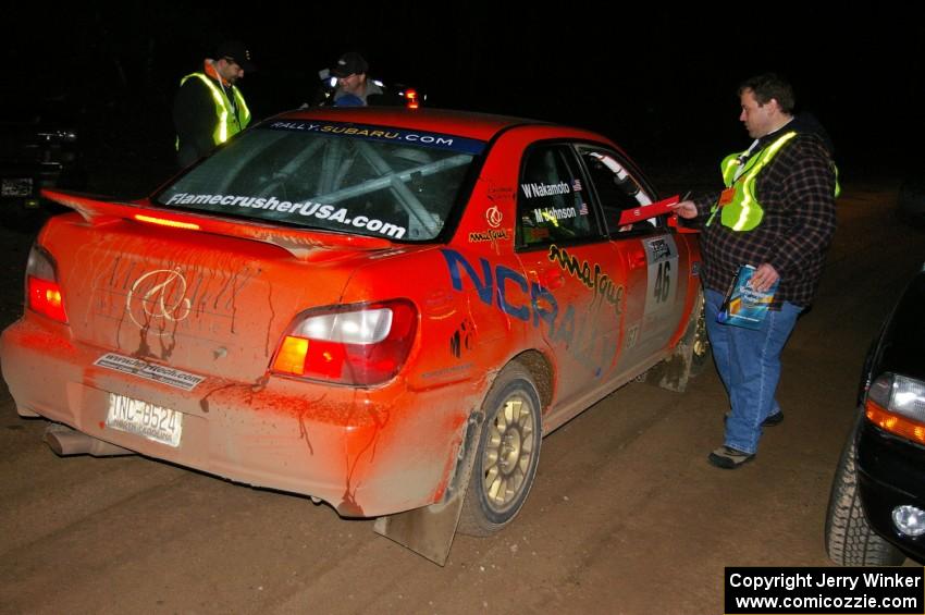 Matthew Johnson / Wendy Nakamoto Subaru WRX checks into the finish control of Baraga Plains, SS4.