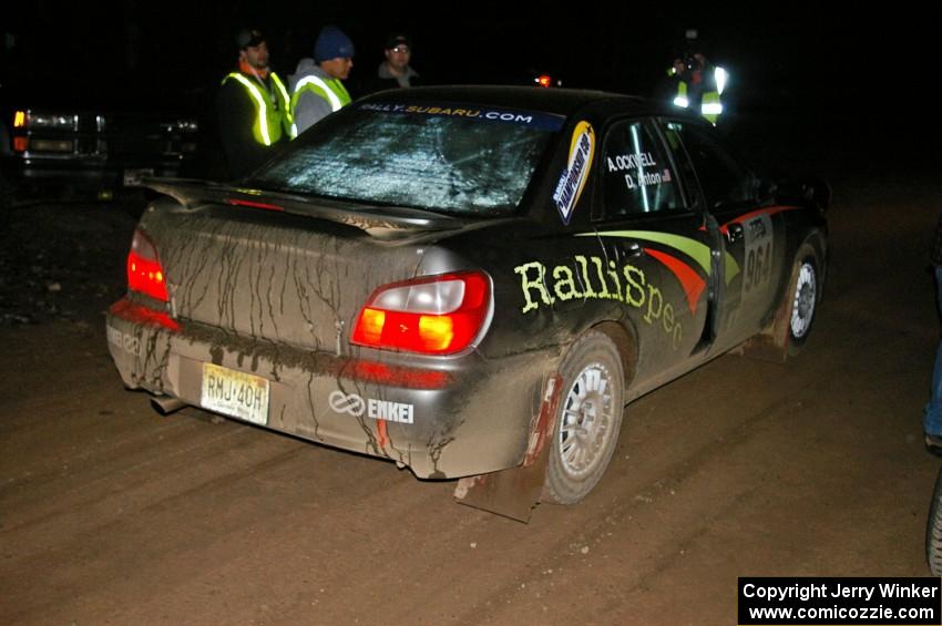 Dave Anton / Alan Ockwell Subaru WRX STi at the finish control of SS4, Baraga Plains.