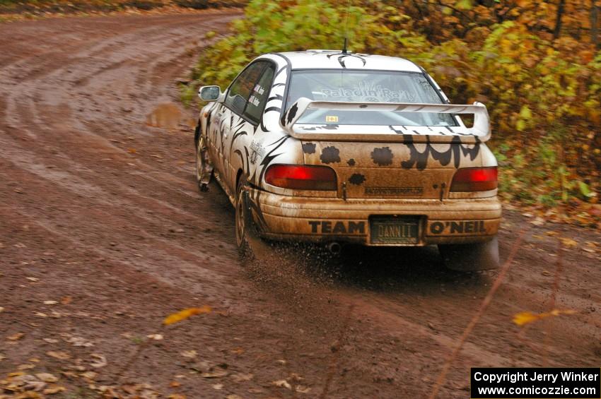 Matt Iorio / Ole Holter Subaru Impreza drifts hard at the final 90-right at the finish of Gratiot Lake 1, SS7.