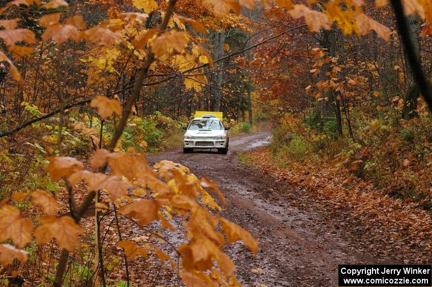 Henry Krolikowski / Cindy Krolikowski before the final hard right at the finish of Gratiot Lake 1, SS7, in their Subaru WRX.