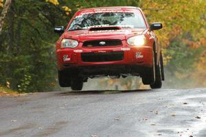 John Cirisan / Josh Hamacher Subaru WRX catches nice air at the midpoint jump on Brockway, SS10.