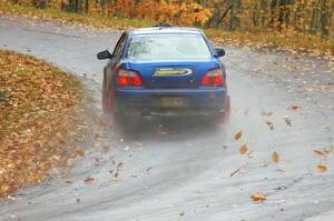 Tim Stevens / Jeff Hagan Subaru WRX kicks up leaves on the uphill-left after the midpoint jump on Brockway, SS10.