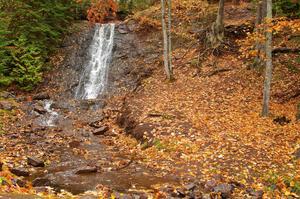 Freshly fallen yellow leaves surround Haven Falls just to the west of Lac La Belle, MI