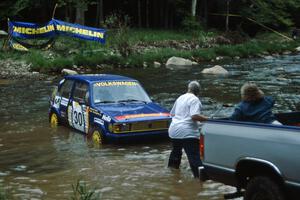 Frank Cunningham / Emanuel Lopes VW Rabbit gets pulled from the creek on SS1, Stony Crossing.