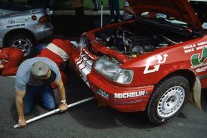 The Mike Whitman / Paula Gibeault Ford Sierra Cosworth during the midday break in Wellsboro