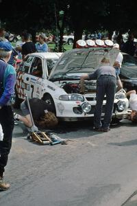 The Henry Joy IV / Michael Fennell Mitsubishi Lancer Evo II gets repaired after rolling early in the day