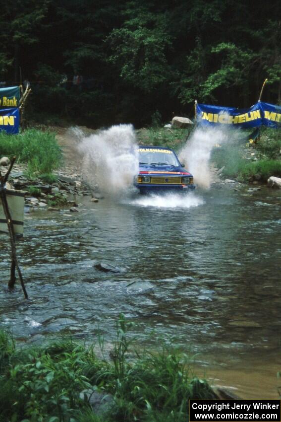 Frank Cunningham / Emanuel Lopes VW Rabbit finishes SS1, Stony Crossing.