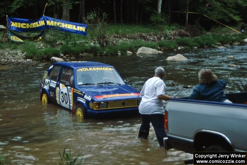 Frank Cunningham / Emanuel Lopes VW Rabbit gets pulled from the creek on SS1, Stony Crossing.