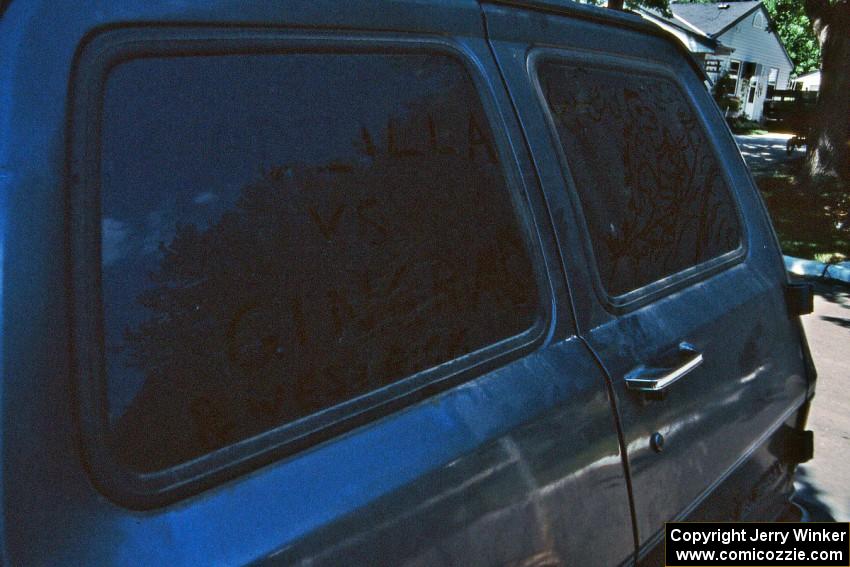 Drawing on the back of the Steve Gingras / Bill Westrick tow rig depicting that their Mitsubishi Eclipse GSX lost to Godzilla