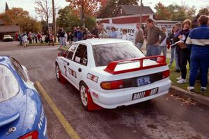 The Henry Joy IV / Michael Fennell Mitsubishi Lancer Evo II prepares to leave parc expose.