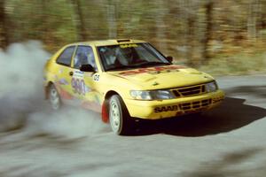 Sam Bryan / Rob Walden drift their SAAB 900 Turbo through the final corner of SS2.