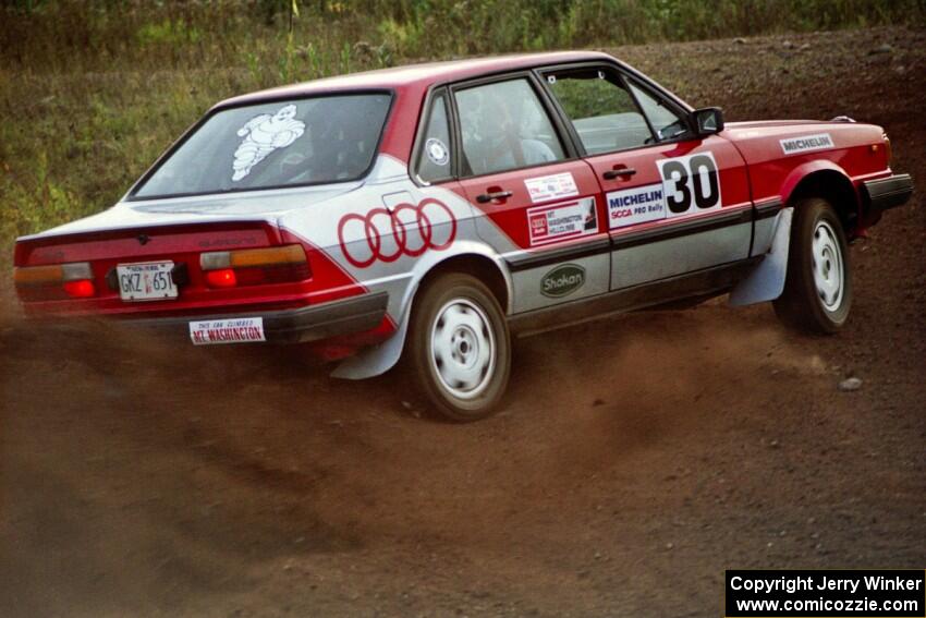 Jon Kemp / Gail McGuire drift their Audi 4000 Quattro hard on the practice stage.