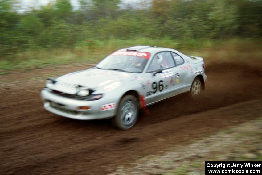 Bruce Newey / Matt Chester set up for a hard right in their Toyota Celica Turbo on the practice stage.