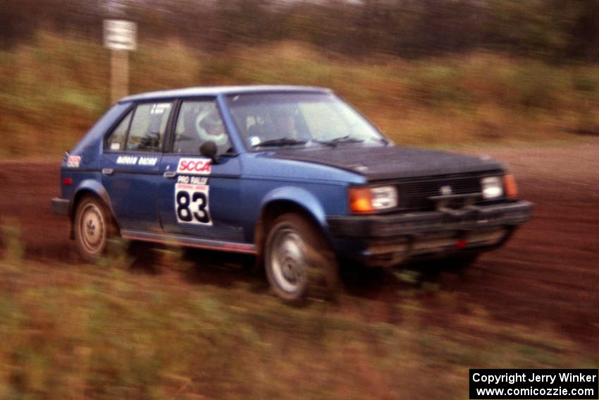 Mark Utecht / Paul Schwerin take a tight right-hander in their Dodge Omni GLH-Turbo on the practice stage.