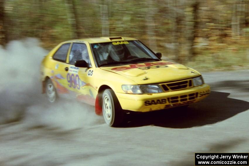 Sam Bryan / Rob Walden drift their SAAB 900 Turbo through the final corner of SS2.