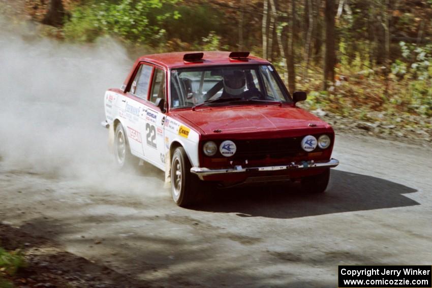 Pete Lahm / Jimmy Brandt drift their Datsun 510 through the final corner of SS2.