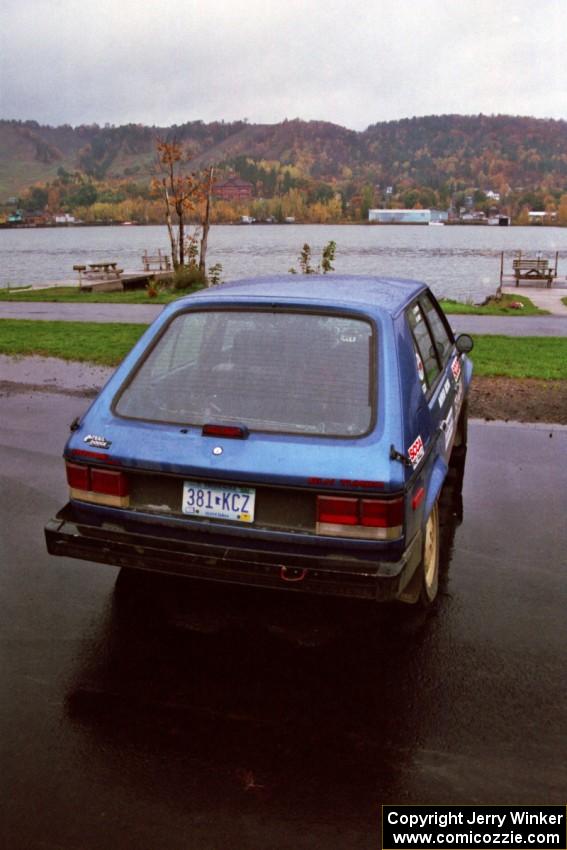 The Mark Utecht / Paul Schwerin Dodge Omni GLH-Turbo went off-road and wound up with the alignment tweaked.(1)