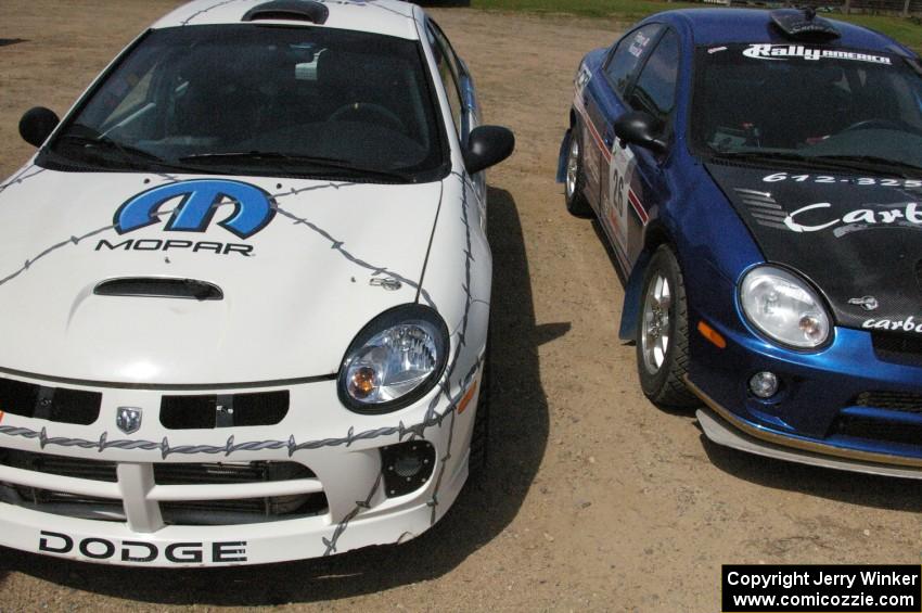 The Dodge SRT-4's of Paul Dunn / Kim Demotte and Cary Kendall / Scott Friberg in the parking lot prior to the start.