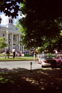 Rally cars across the street from the Tioga County Courthouse