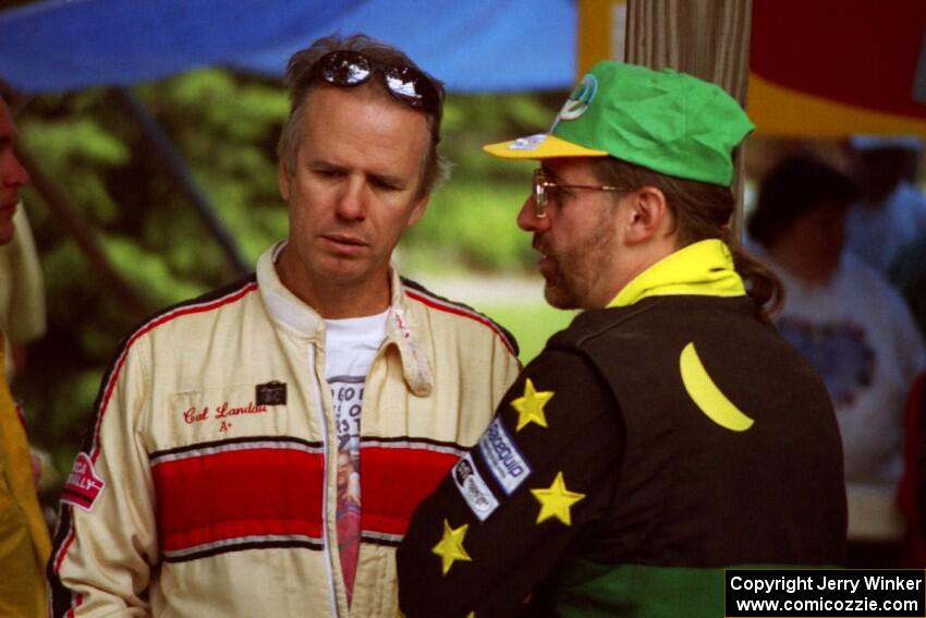 Production GT competitors Cal Landau and Tom Ottey chat at the green during the midday break