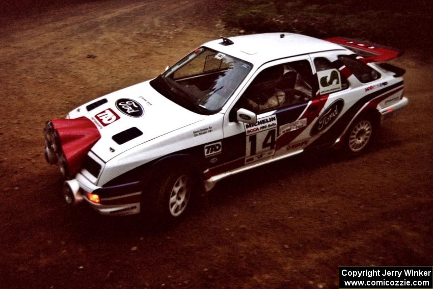 Garen Shrader / Doc Shrader Ford Sierra Cosworth at a 90-left on SS7, Wilson Run I.