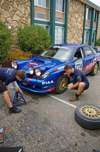 Aligning Otis Dimiters / Alan Ockwell Subaru WRX STi prior to the rally.