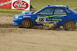 Travis Pastrana / Christian Edstrom Subaru WRX STi kicks up dirt on SS1 at the Bemidji Speedway Super Special.
