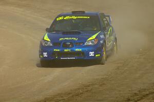 Travis Pastrana / Christian Edstrom Subaru WRX STi goes through the final corner on SS1 at the Bemidji Speedway Super Special.