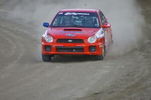 Matthew Johnson / Kim DeMotte Subaru WRX come out of the final corner of SS1 at the Bemidji Speedway.