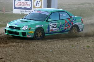 Eric Langbein / Jeremy Wimpey Subaru WRX on SS1 at the Bemidji Speedway.