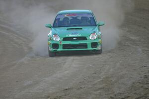 Eric Langbein / Jeremy Wimpey Subaru WRX come into the finish of SS1 at the Bemidji Speedway.