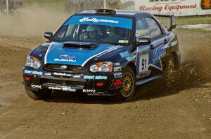 Jonathan Bottoms / Carolyn Bosley Subaru WTX STi at speed on SS1 at Bemidji Speedway.