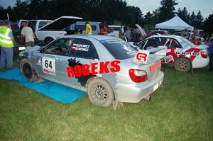 Robert Borowicz / Mariusz Borowicz Subaru Impreza WRX Sti alongside the Greg Drozd / John Nordlie Subaru WRX at Akeley service.