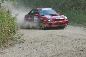 Bryan Pepp / Jerry Stang prepare for a 90-left on SS9 in their Subaru WRX.